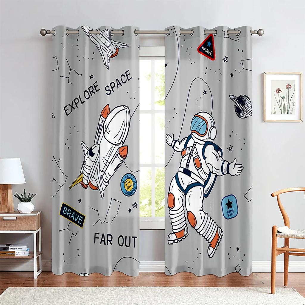 Cartoon Space Curtains for Boys Girls Bedroom Playroom Living Room ,Children Astronaut Planet Starry Art Printed Window Curtains