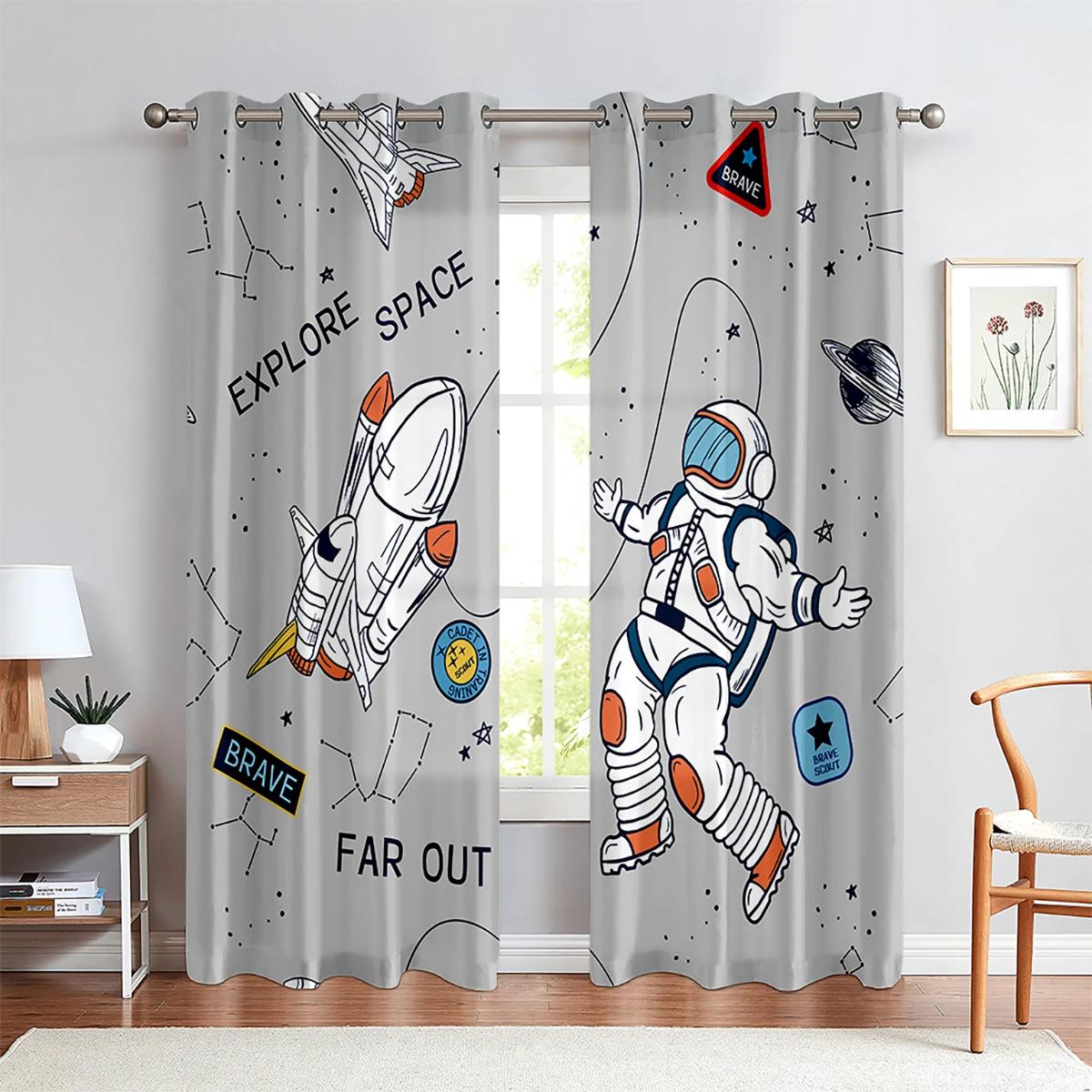 

Шторы с изображением космоса для мальчиков, девочек, спальни, игровой комнаты, гостиной, детские шторы с изображением астронавта, планеты и звездного неба W60xH100(CM)x2pcs&Rod Pocket