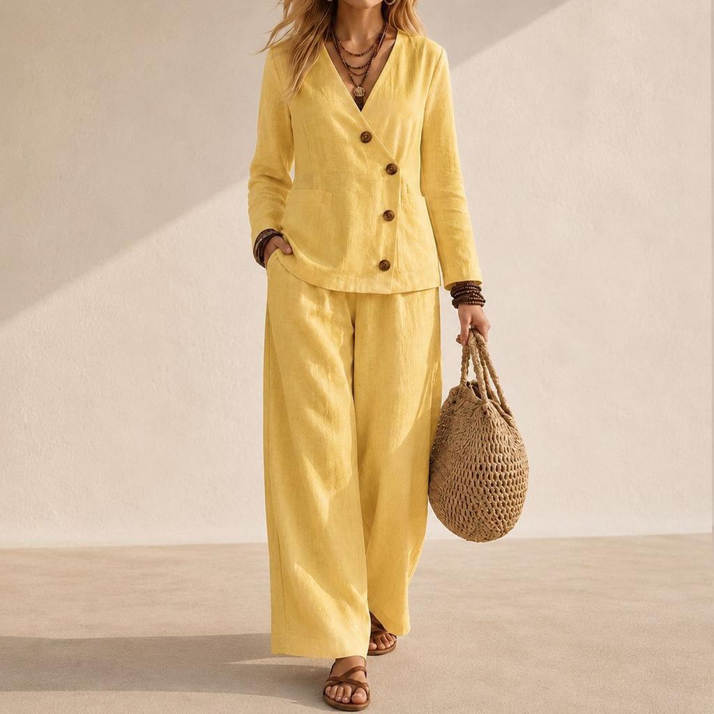 Women's V-Neck Button Long Sleeve Top and Wide Leg Pants Two-Piece Set Color Casual Suit