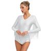 Womens Latin Dance Costume Shiny Rhinestone Tassel Leotard V Neck Long Sleeve Cutout Back Bodysuit for Tango