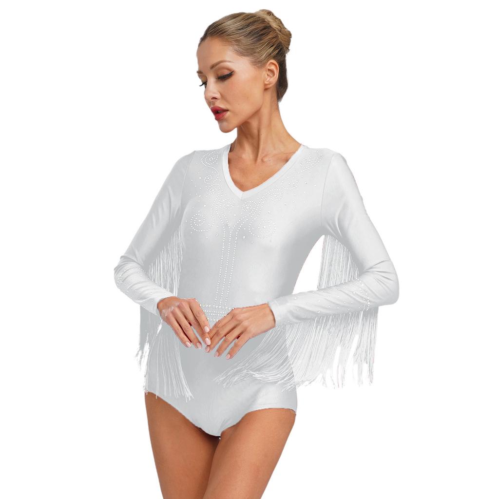 Womens Latin Dance Costume Shiny Rhinestone Tassel Leotard V Neck Long Sleeve Cutout Back Bodysuit for Tango