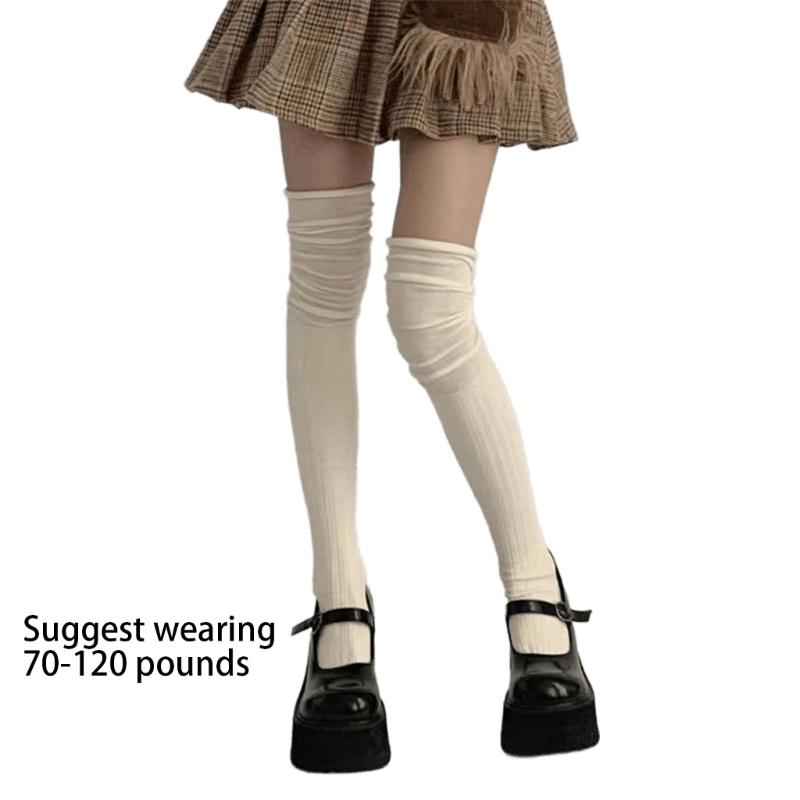 Einfarbige Kniehohe Lange Socken für Damen Japanische Studentin Raffung Lässiges Oberteil Gerippt Gestrickt Oberschenkelhohe Strümpfe Strumpfwaren