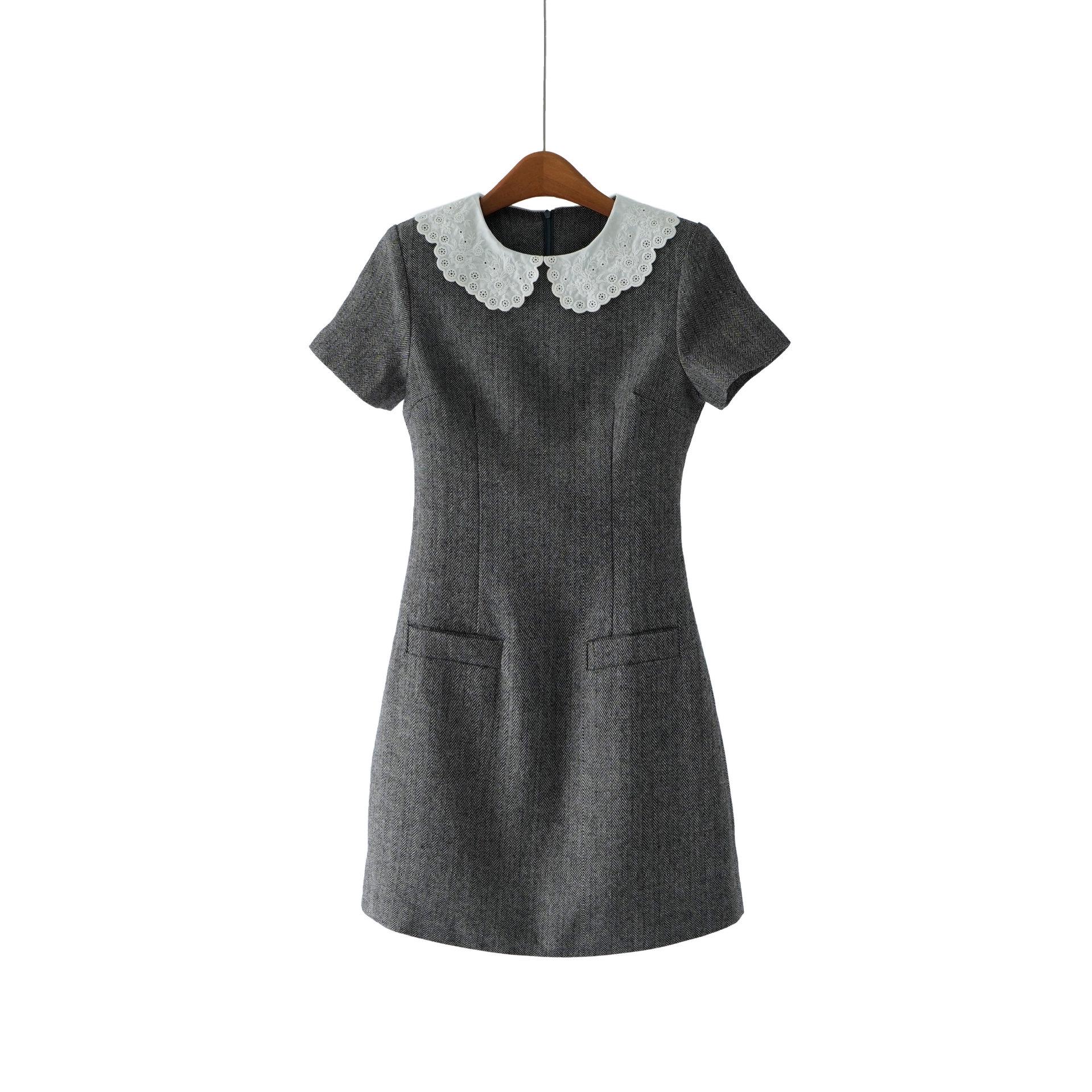 

S*P Early Spring Embroidered Lace Collar Slimming Short-Sleeved Dress Medium серый