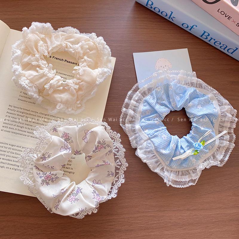 French Lace Floral Blue Bow Large Intestine Hair Band Hair Rope Headband Flower Ball Head Hair Accessories Rubber Band