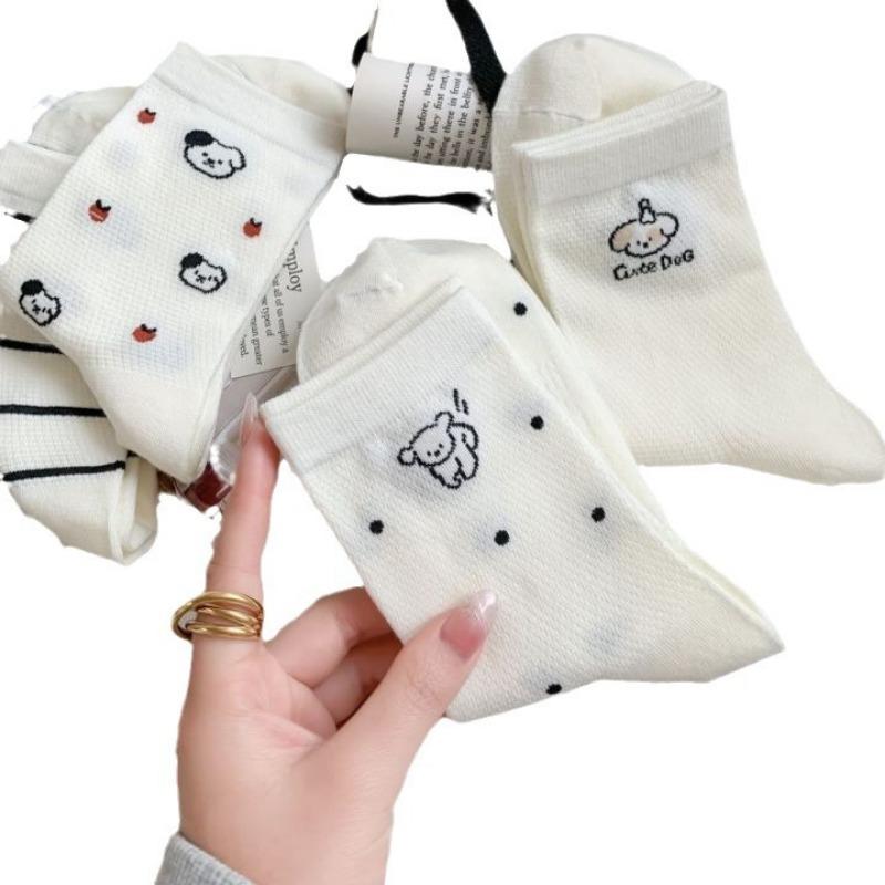 Female Spring and Autumn New Cute Dog Cartoon Student White Tube Cotton Socks