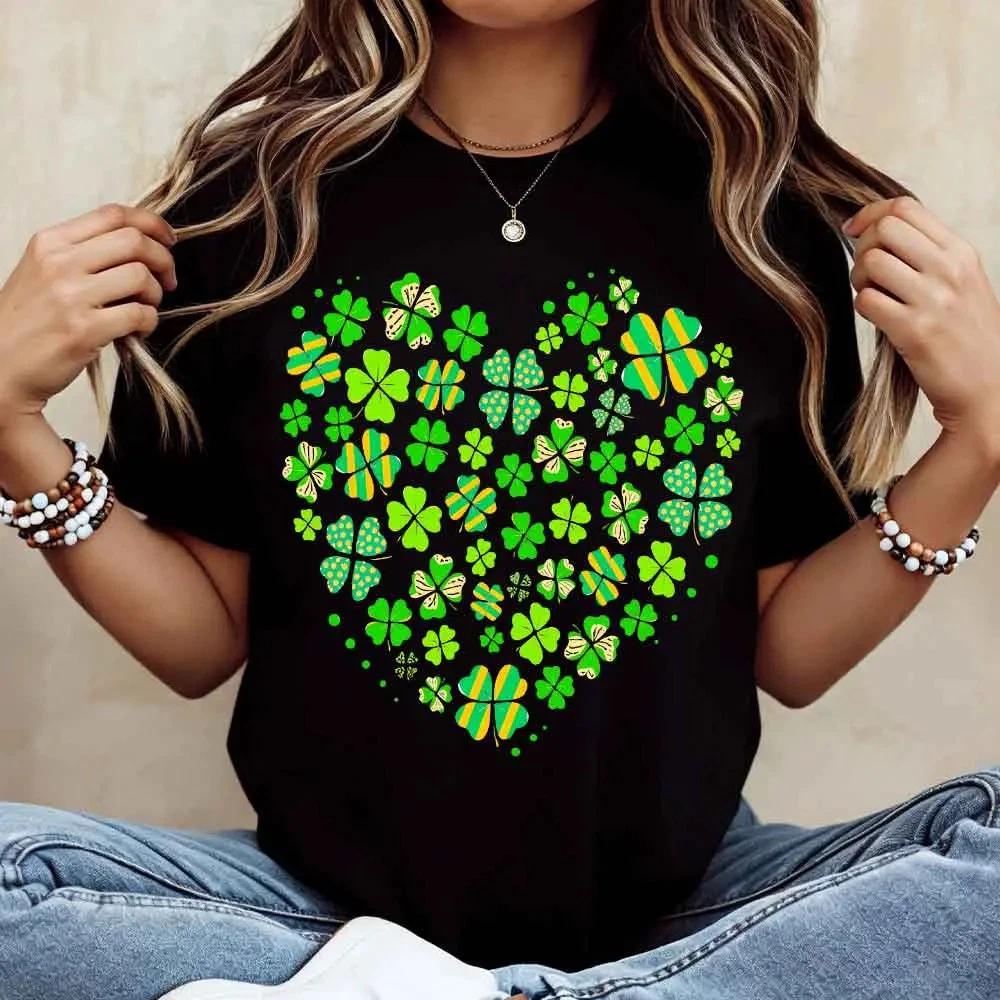 Heart Shape Clover Pattern T Shirt Casual Wear For St Patrick s Day Celebration XS