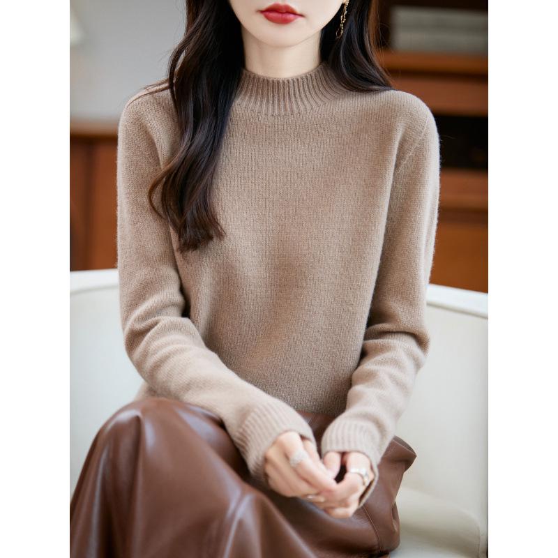 Women's 25% Pure Wool Seamless Half-High Collar Sweater - Autumn/Winter Warm Base Layer Knitwear