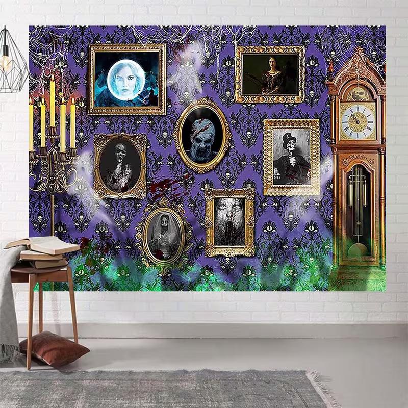 2D Spooky Haunted House Backdrop, Ghost Portraits & Grandfather Clock Photo Background