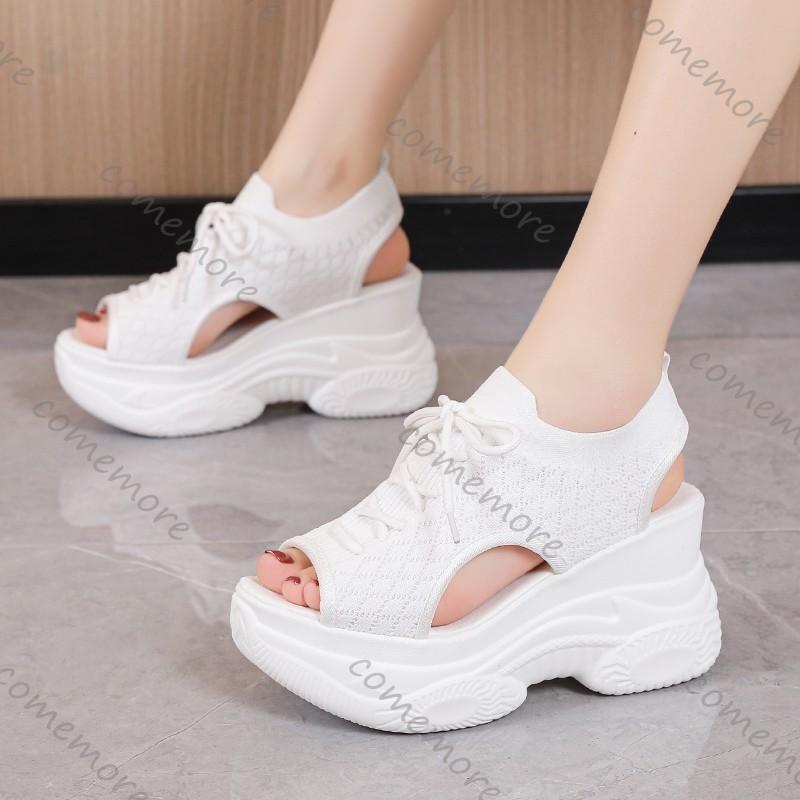 Fashion Comemore Thick Bottom Sandals Women Summer Mesh Fish Mouth High Heels Casual Sport Style Roman Sandal White Black Wedge Sandales