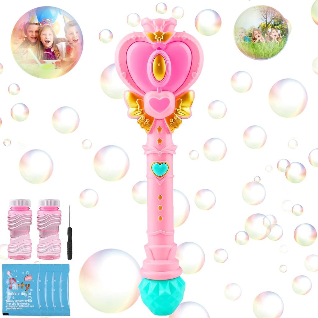 Bubble Wand for Kids, Princess Heart Bubble Machine Blower Maker Wand with Light, Easter Basket Stuffers Outdoor Toys Gifts for 1 2 3 4 5 6 7 8 Years
