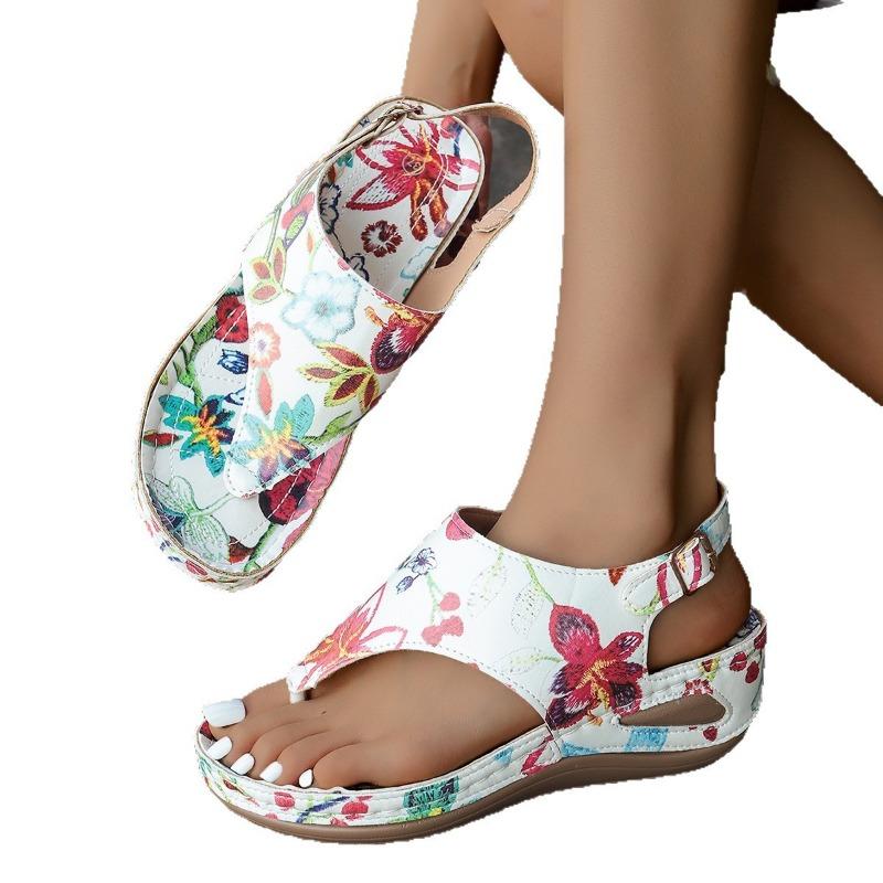 Sandales à chevrons grande taille pour femmes, nouvelles sandales compensées à bride arrière avec broderie florale