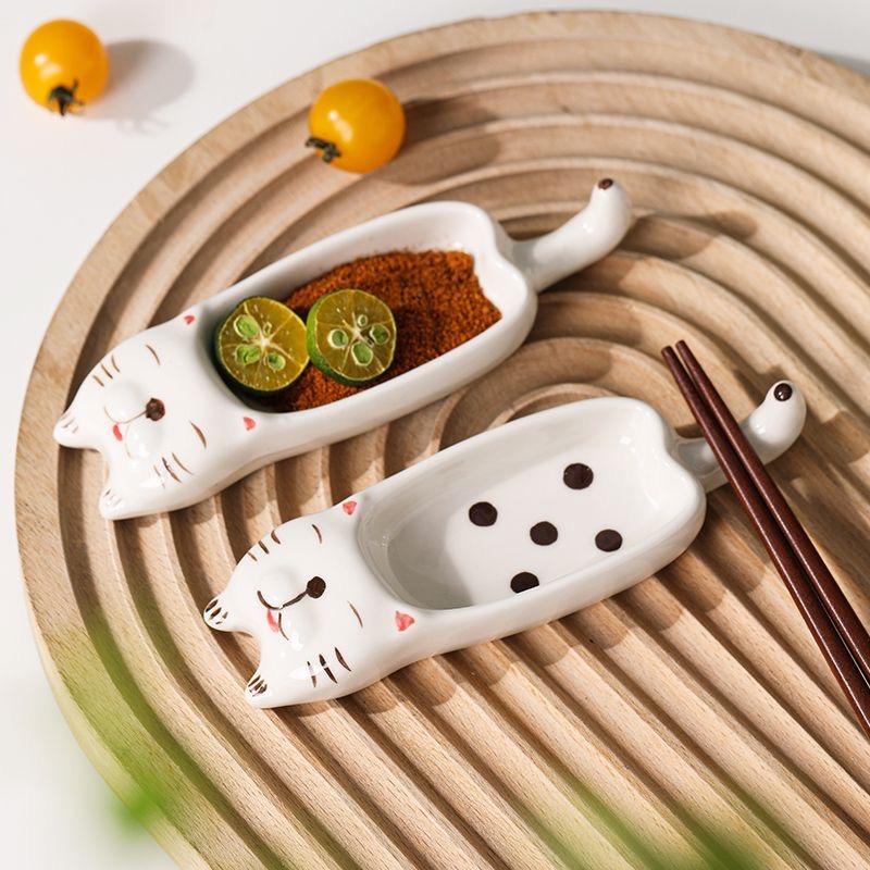 2pcs Ceramic Cat Dish Multi-Functional Sauce Plate & Chopstick Rest