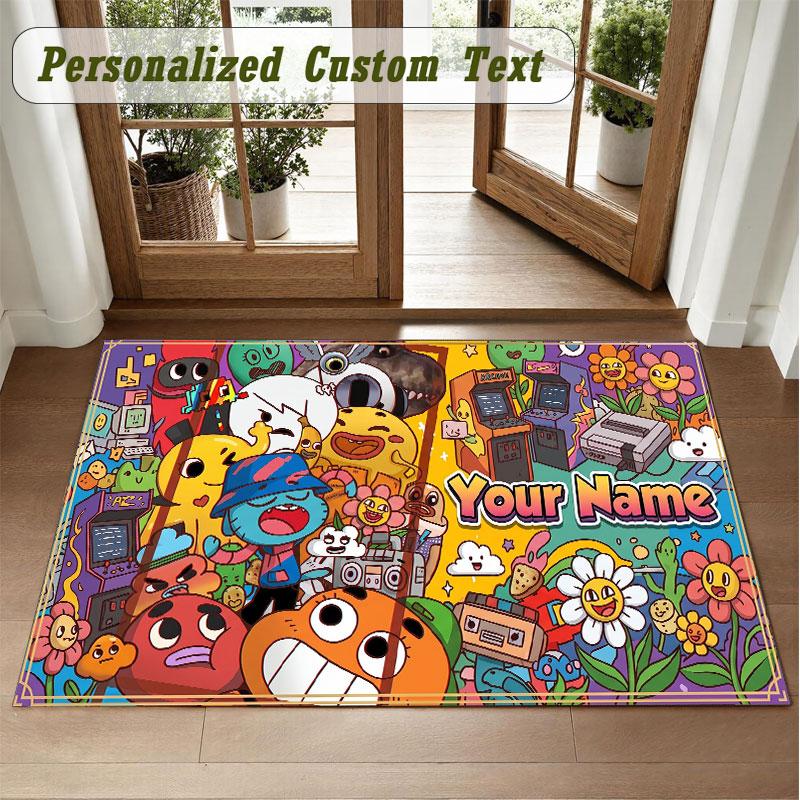Crystal Velvet Square Rug Custom NameAmazing World of Gumball Pattern Non Slip Home Floor Decor Rug