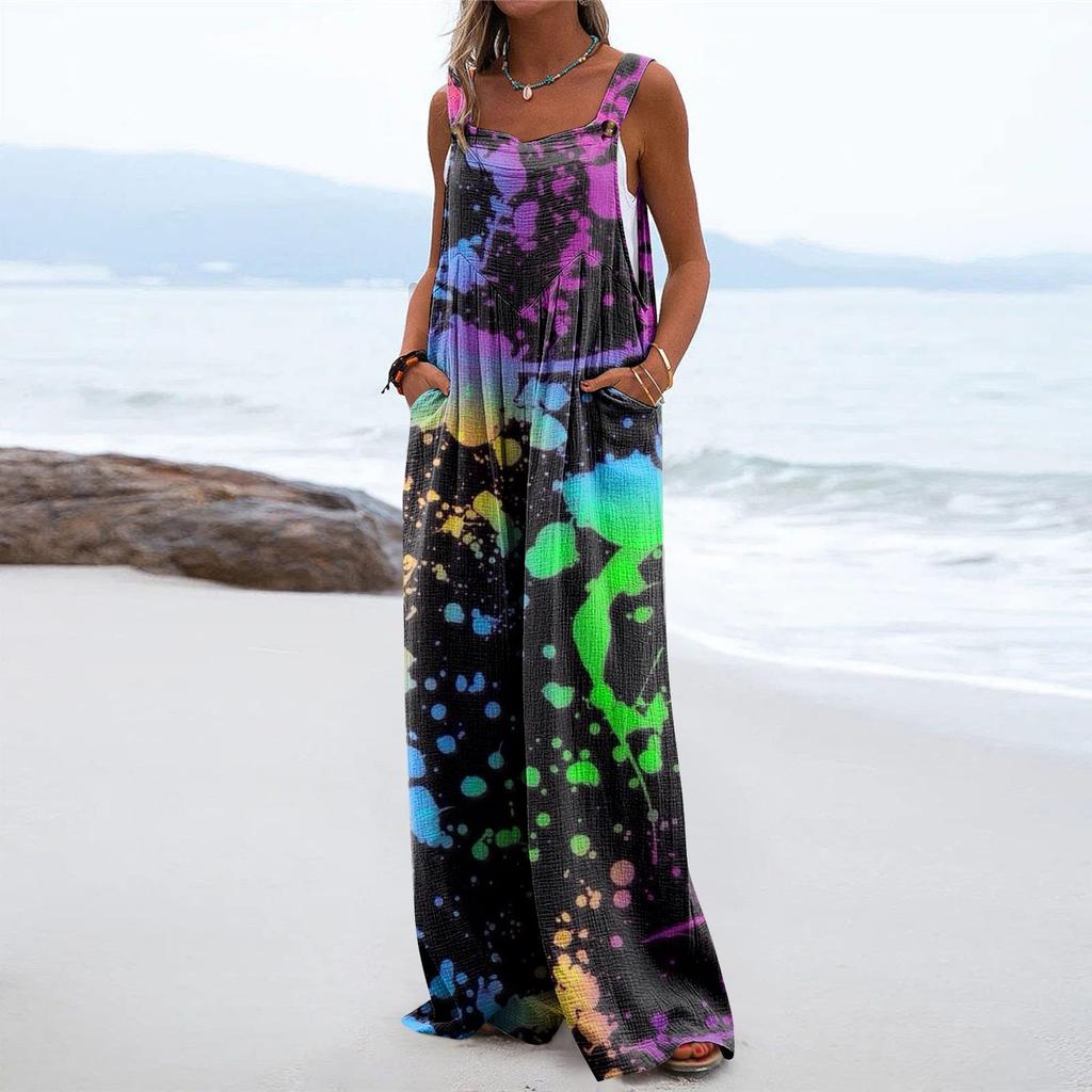 Women's One-Piece Button Up Jumpsuit Casual Loose Sleeveless Rompers With Pockets