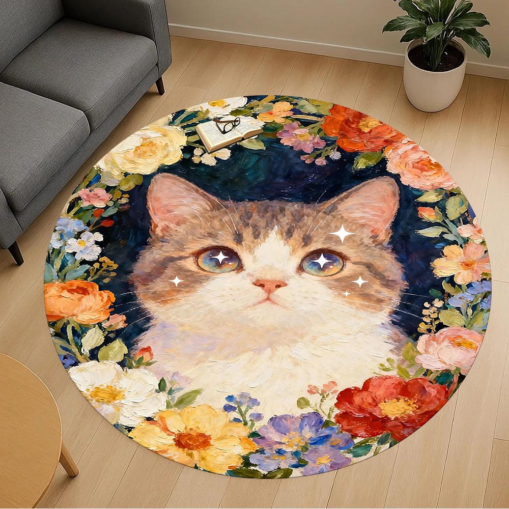 1pc cat flowers Round Chair mat office Area Rug - Non-Slip, Floor Mat for Office, Bedroom, and Indoor Decor p127027