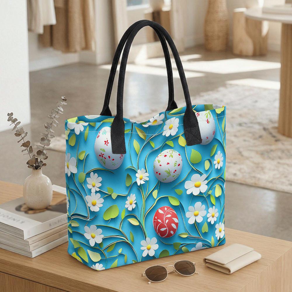 Easter Tote Bag Spring Floral Egg Pattern Casual Portable Handbag for Daily Shopping Travel