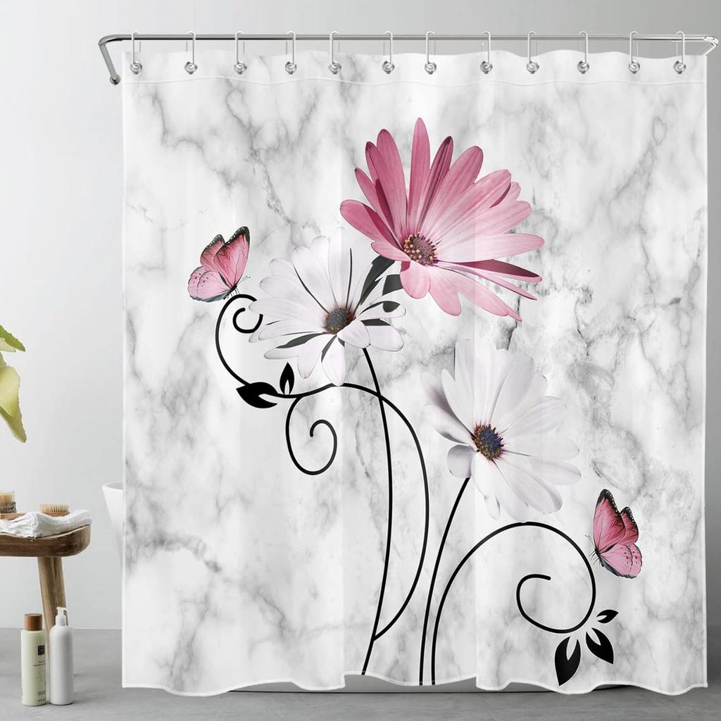 Pink Flowers Vintage Daisy Floral Butterfly Shower Curtains Abstract Farmhouse Decorative Bath Curtain Washable Bathroom Decor