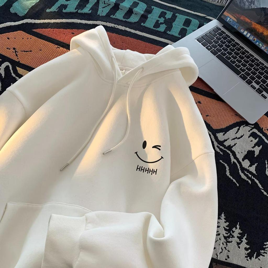 Smiling Face Unisex Hoodie - Spring/Autumn 2024 Trendy Fleece-Lined Loose Fit