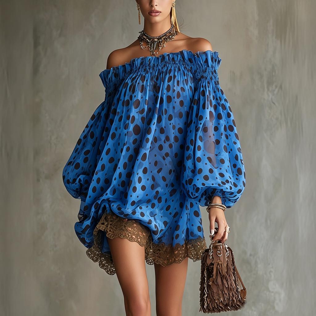 Women's Off-Shoulder Polka Dot Chiffon Puff Sleeve Dress