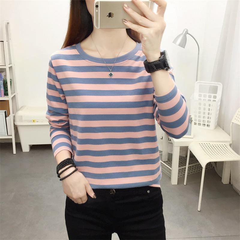 Women's Plus Size Striped Long Sleeve Cotton T-Shirt - Autumn Collection for Middle-Aged Moms