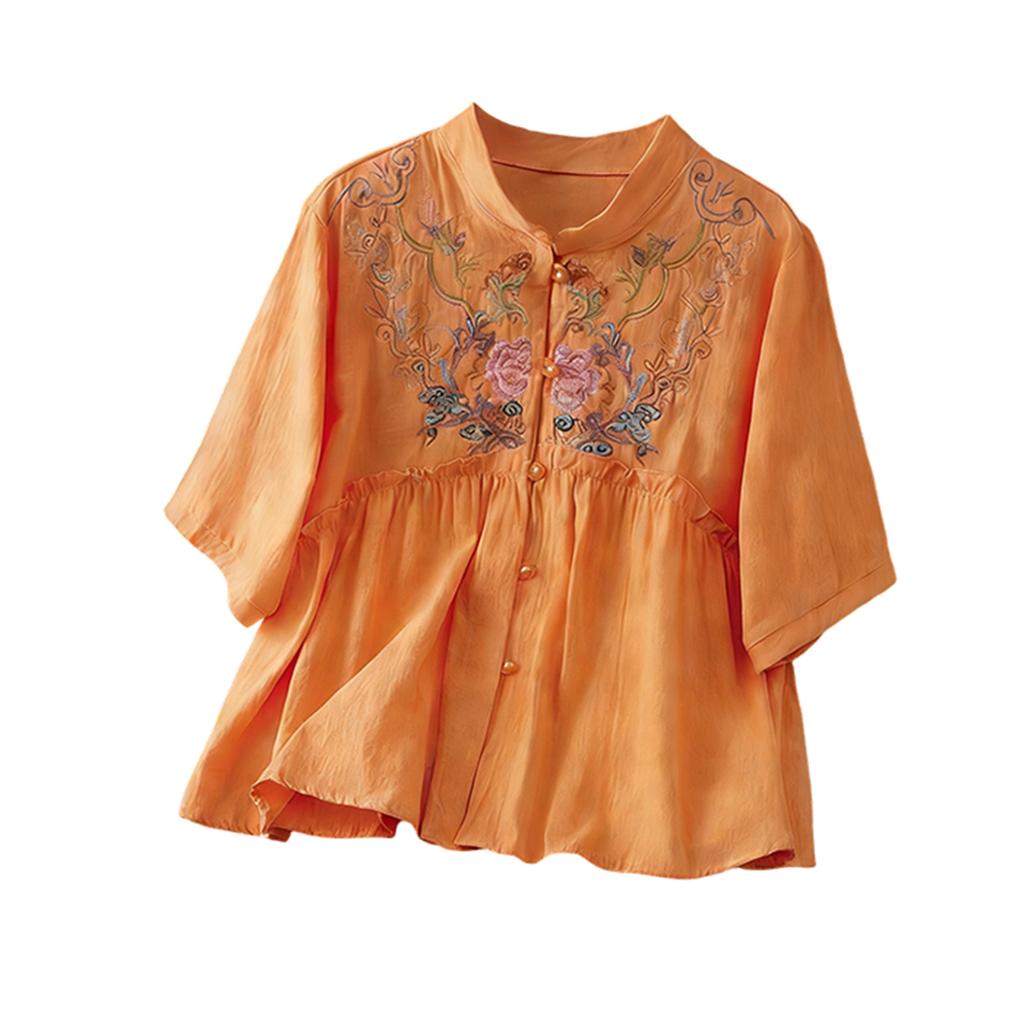 Women's Retro Loose Fit Linen Cotton Blouse With Buttons And Embroidery