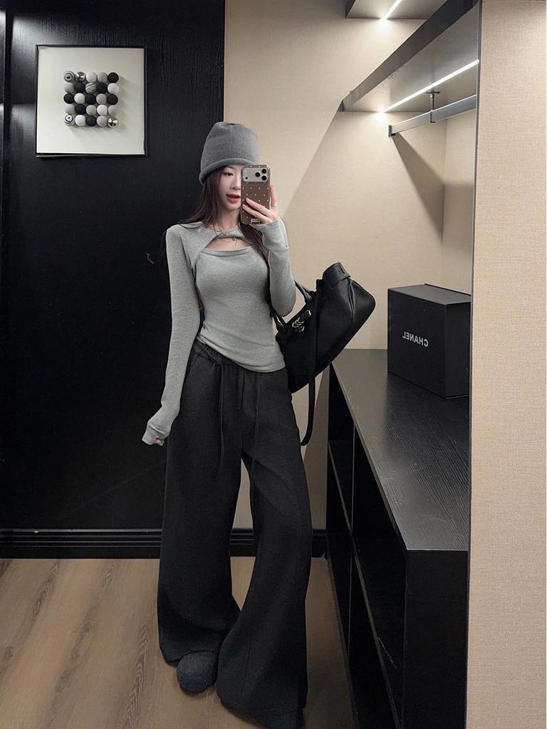 Gewindesamt Grau Ausgeschnitten Langarm-T-Shirt, Damen Slim Fit Herbst/Winter Basisschicht