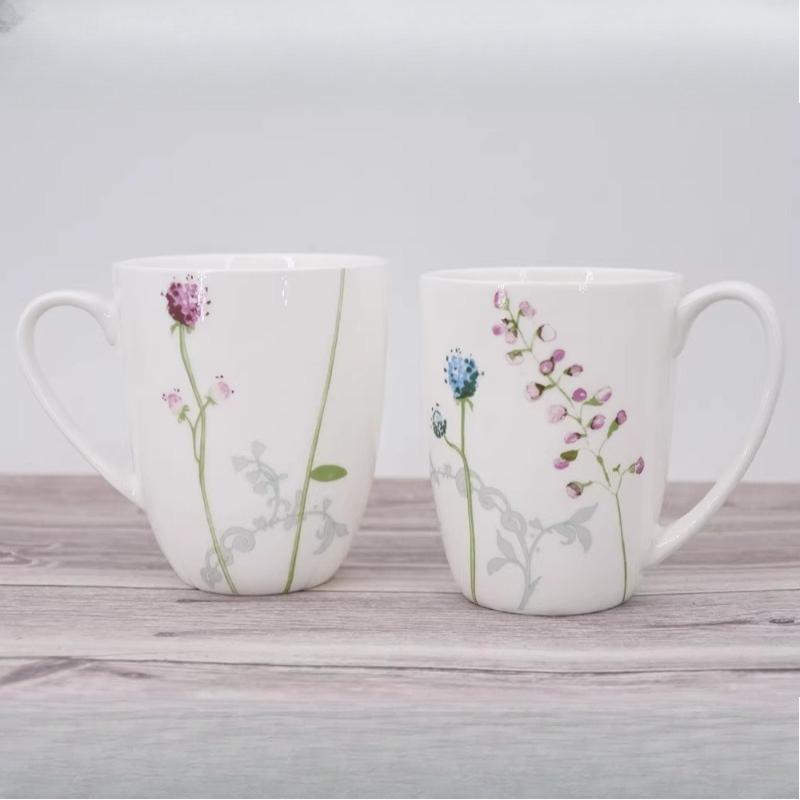 Floral Pattern Fine Bone China Mug, White Porcelain Coffee Mug with Handle, Safe for Microwave Oven, 1pc
