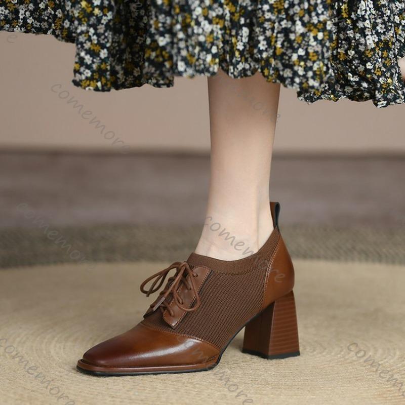 Comemore Brown Retro Lace Up Pumps for Women Soft Leather Commuter Comfortable High Heels 2025 Spring Autumn Female Heeled Shoes