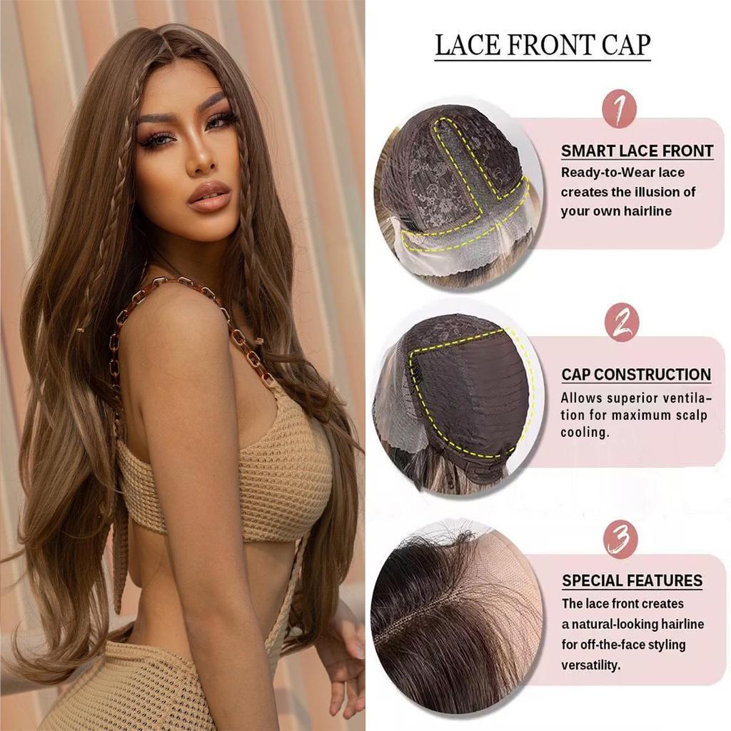 Women's 66cm Hair Brown Long Curly Hair T-shaped Front Lace Rose Hair Net Headwear Pure Hand Woven Lace Wigs Kanekalon Wig