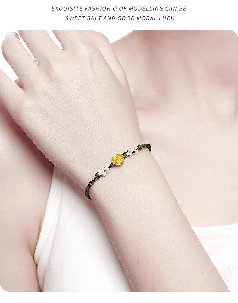999 Pure Gold Rose Flower Bracelet: Luck Beads Woven Couple's Gift for Girlfriend, Best Seller