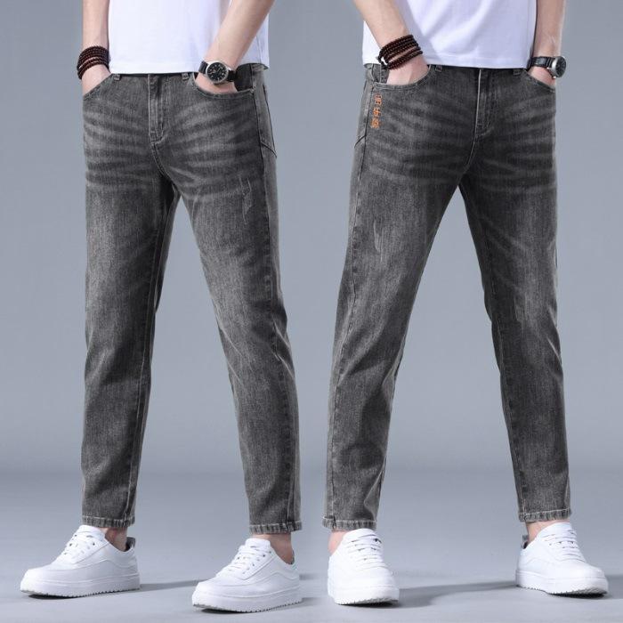 Spring and Summer Thin Men's Jeans Stretchy Slim and Straight 9-point Pants