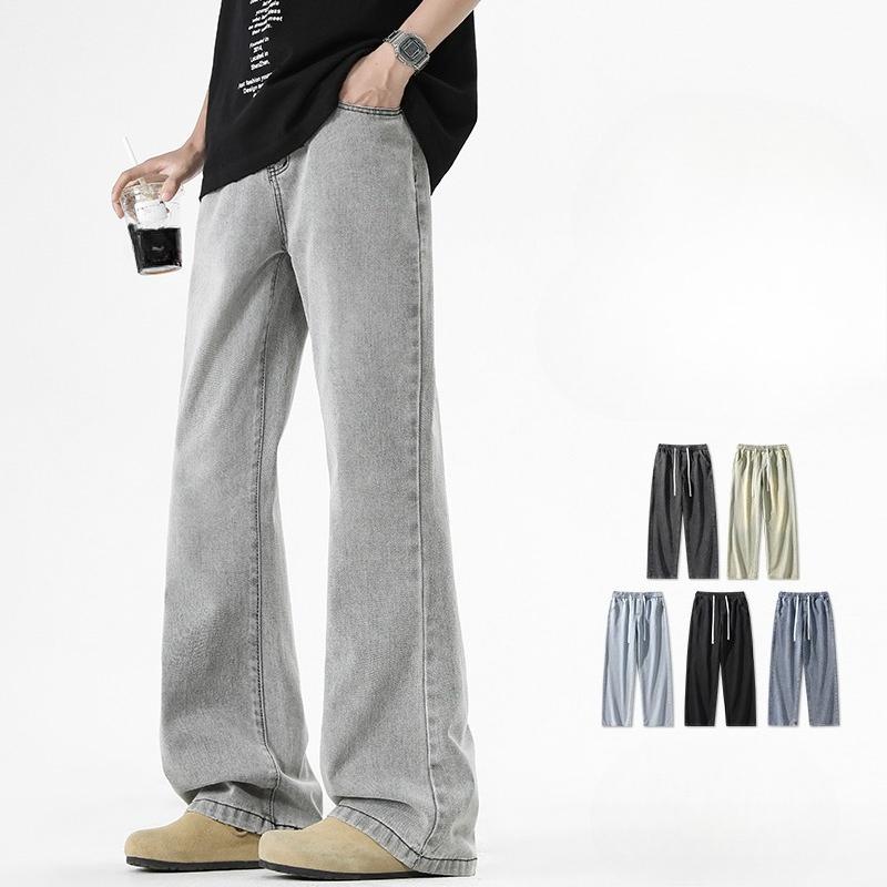 Retro Solid Color Flared Jeans Loose Straight Pants Men Spring Casual Trousers Vintage