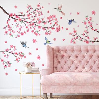 Large Cherry Blossom Wall Stickers Pink Flowers Tree Branch Birds Floral Blossom Wall Decals for Living Room Sofa TV Background