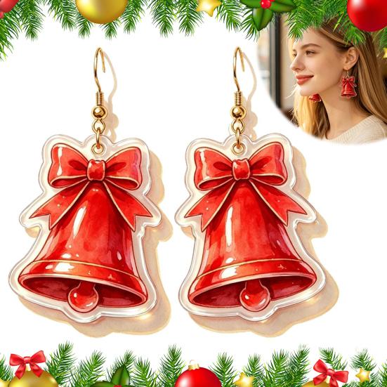 Decorative Earrings for Christmas 1 Pair 2D Acrylic Bell Dangle Women, Cute Red Trendy Winter Fashion Jewelry Holiday with Bow, Gifts Xmas Party