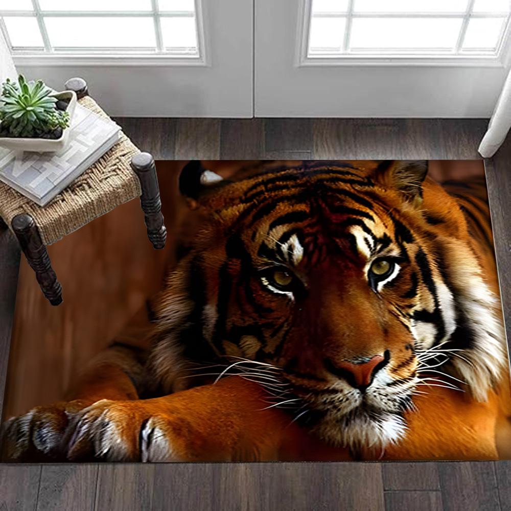 White Tiger Print Rug Decoration,Carpet,Living Room,Bedroom, Non-slip,Square rug