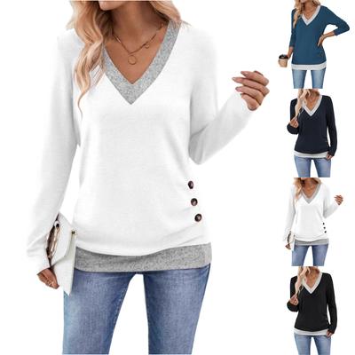 Women's Casual And Comfortable Three-button Color-blocked V-neck Long Sleeve