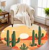 Vibrant Cactus Desert Sunset Round Area Rug Colorful Landscape Pattern Non-Slip Floor Carpet for Living Rooms Boho Home Decor