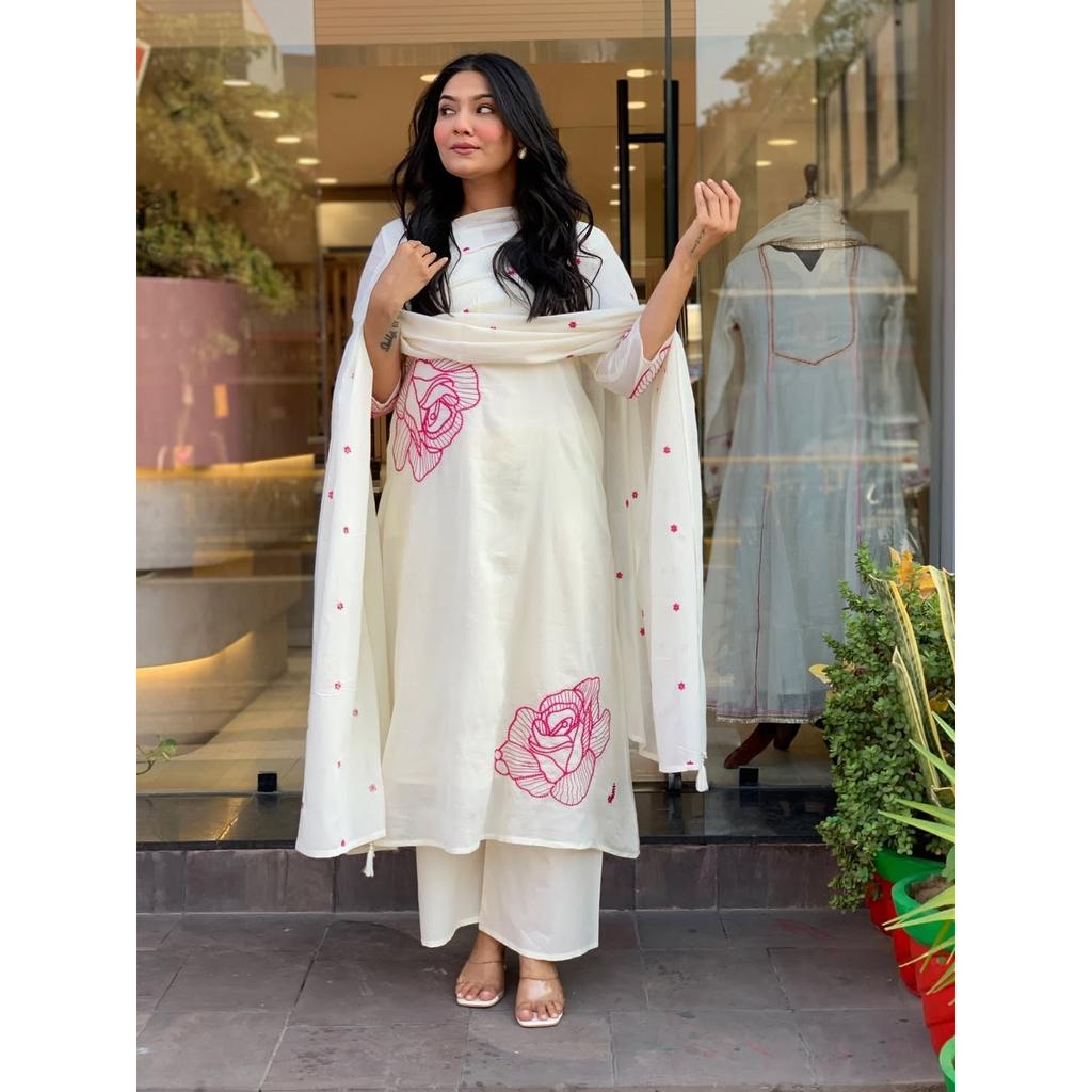 Beautiful White Pure Cotton Kurti Pant Dupatta Set Indian Designer Kurta Set