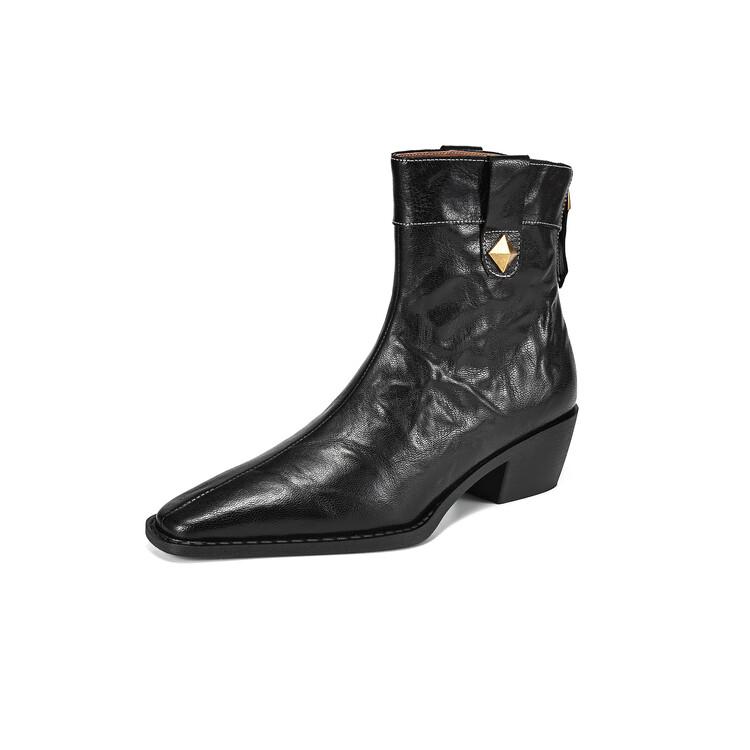 Fashion NEW Autumn Women Boots Genuine Leather Shoes for Women Square Toe Chunky Heel Shoes Rivet Zip Ankle Boots Concise Western Boots