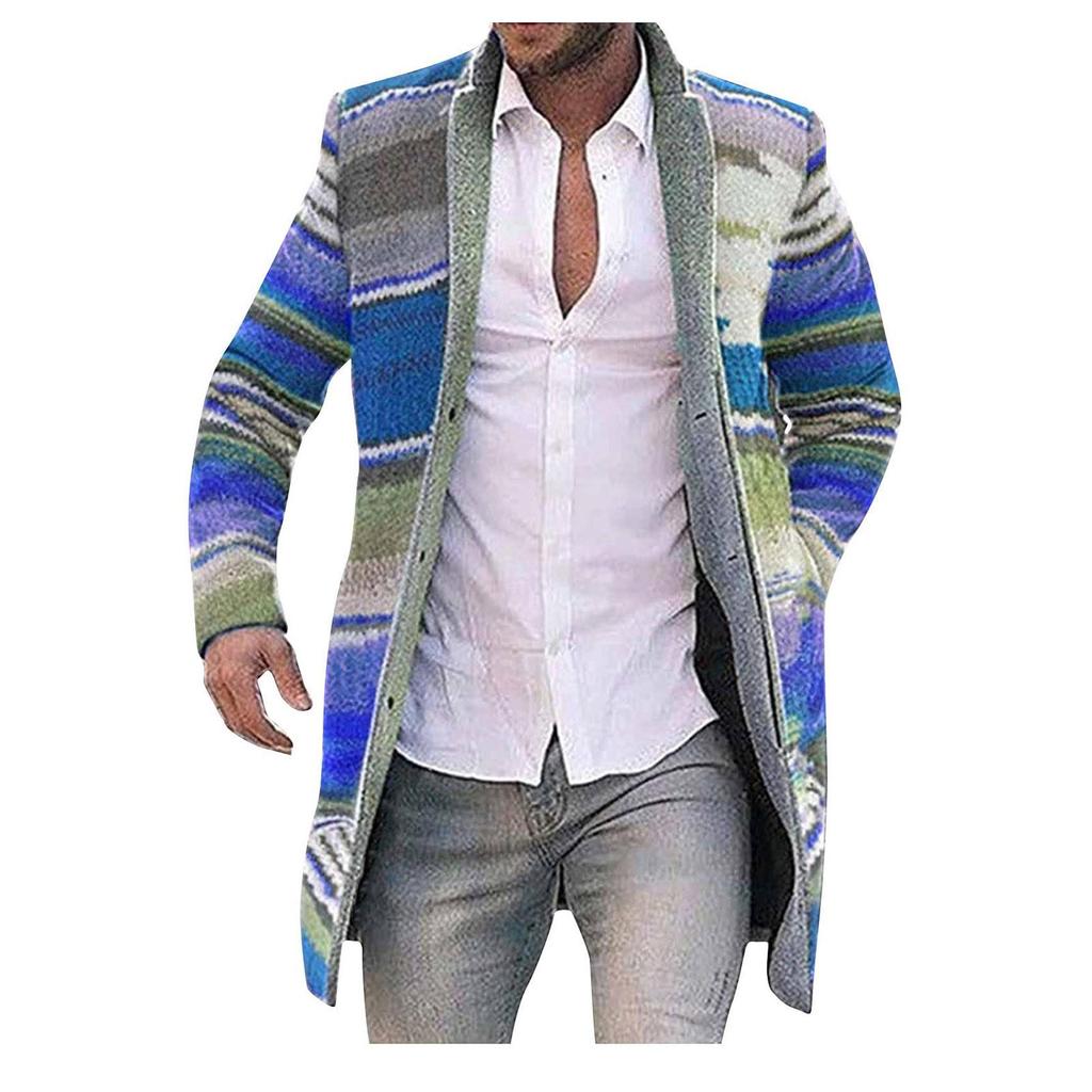 Men's Cardigan Coat Printed Wool Blends Casual Longsleeved Jacket Length Windbreaker Overcoat Trench