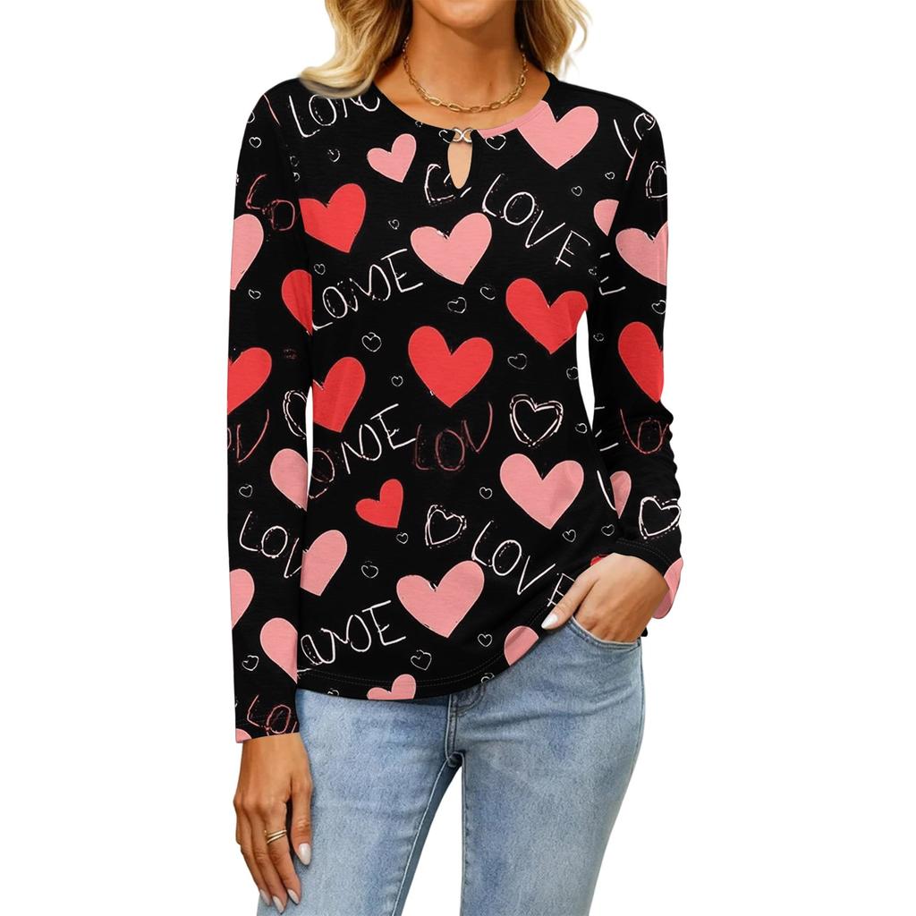 Women's Casual Round Neck Hollow,out Pullover Long Sleeve Valentine's Day Heart Print T,shirt Top