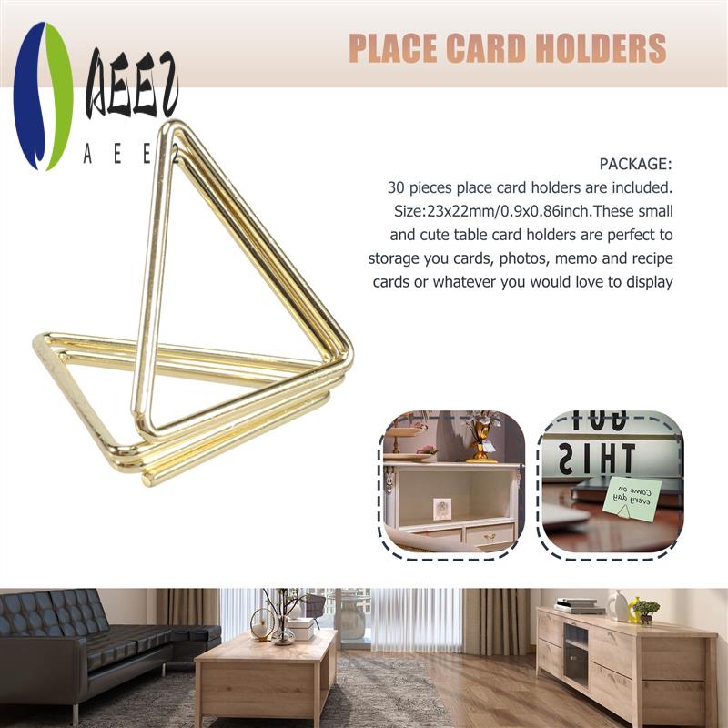 AEE2-30Pcs Triangle Shape Card Holders Wedding Table Number Holders Photo Holder Pictures Stand Clips For Anniversary Party золотой