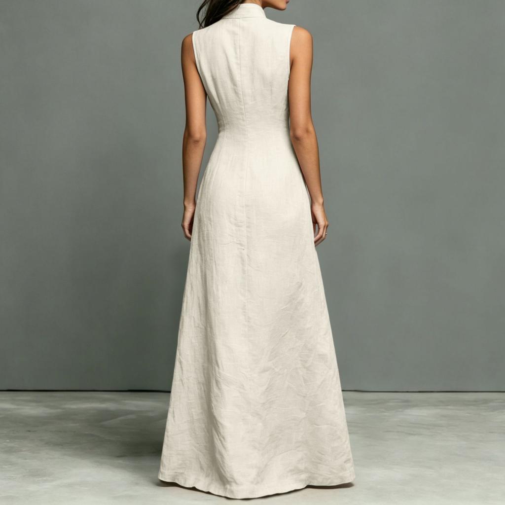 Vestido Maxi sin Mangas con Cuello Alto y Cierre de Botones de una Sola Fila de Longitud Larga Casual de Verano para Mujer