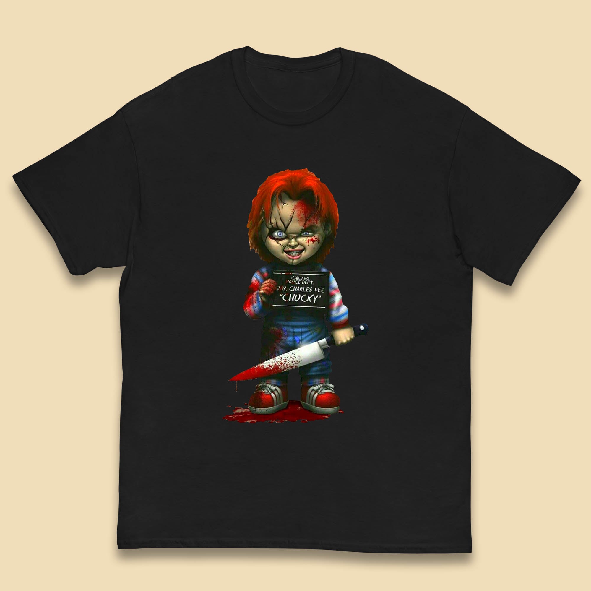 Chucky Mug Shot Chicago Police Dept Ray Charles Lee Chucky Halloween Horror Movie Kids T Shirt 140