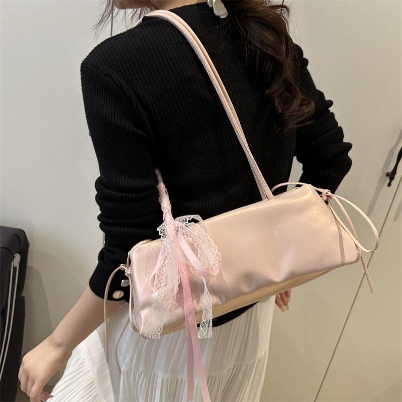 Fashion Sweet Faux Leather Tote Shoulder Bag with Lace Ribbon Bow Detail Design Handbag Cute Crossbody Purse for Women