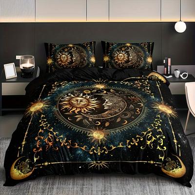 3Pcs Bedding Set - Elegant & Golden Sun/Moon/Planets Print Duvet Cover With 2 Pillowcases, All-Season For Queen/King Size Beds