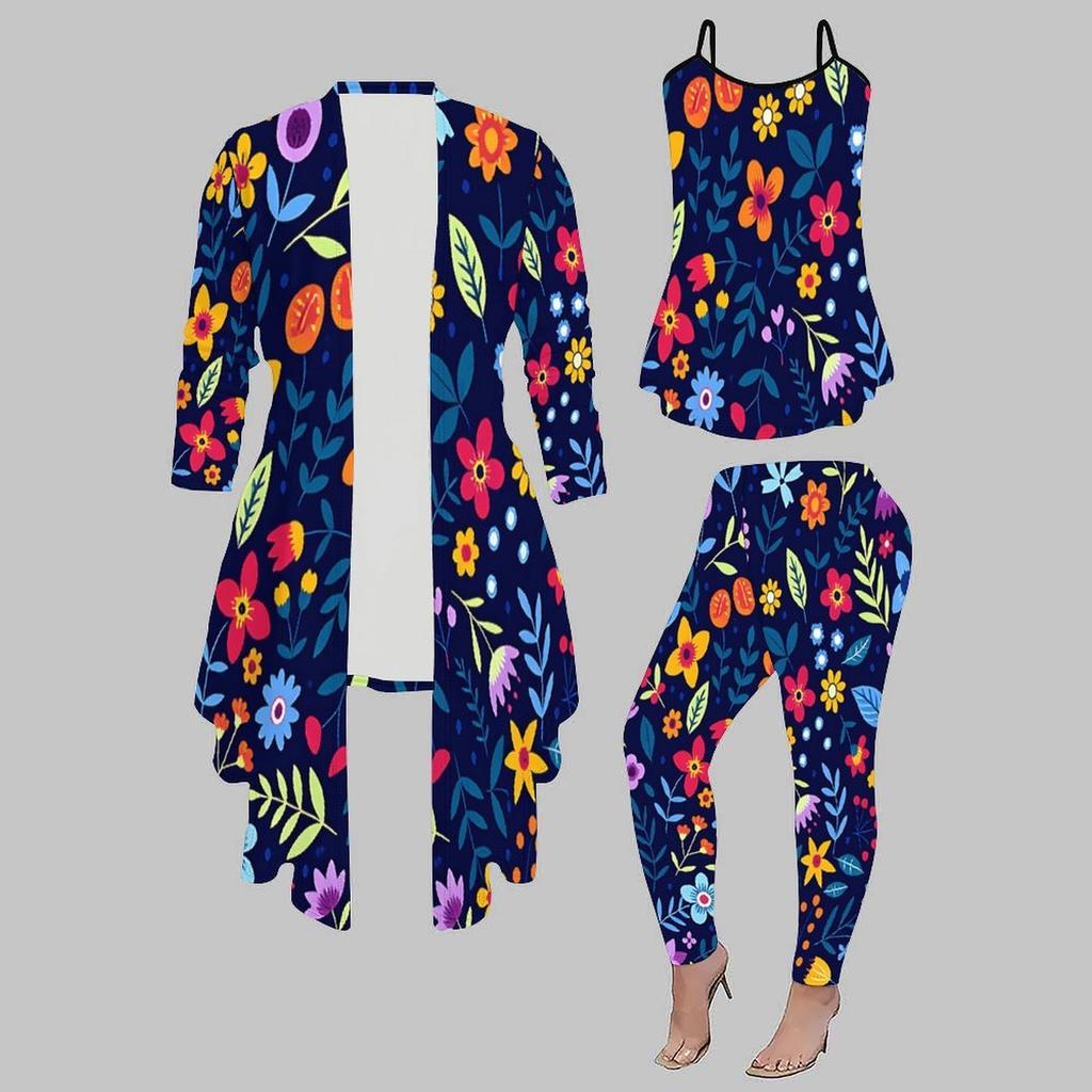 Plus Size Floral Print 3 Piece Outfit, Long Sleeve Open Front Cardigan Cami Top Leggings Set for Women