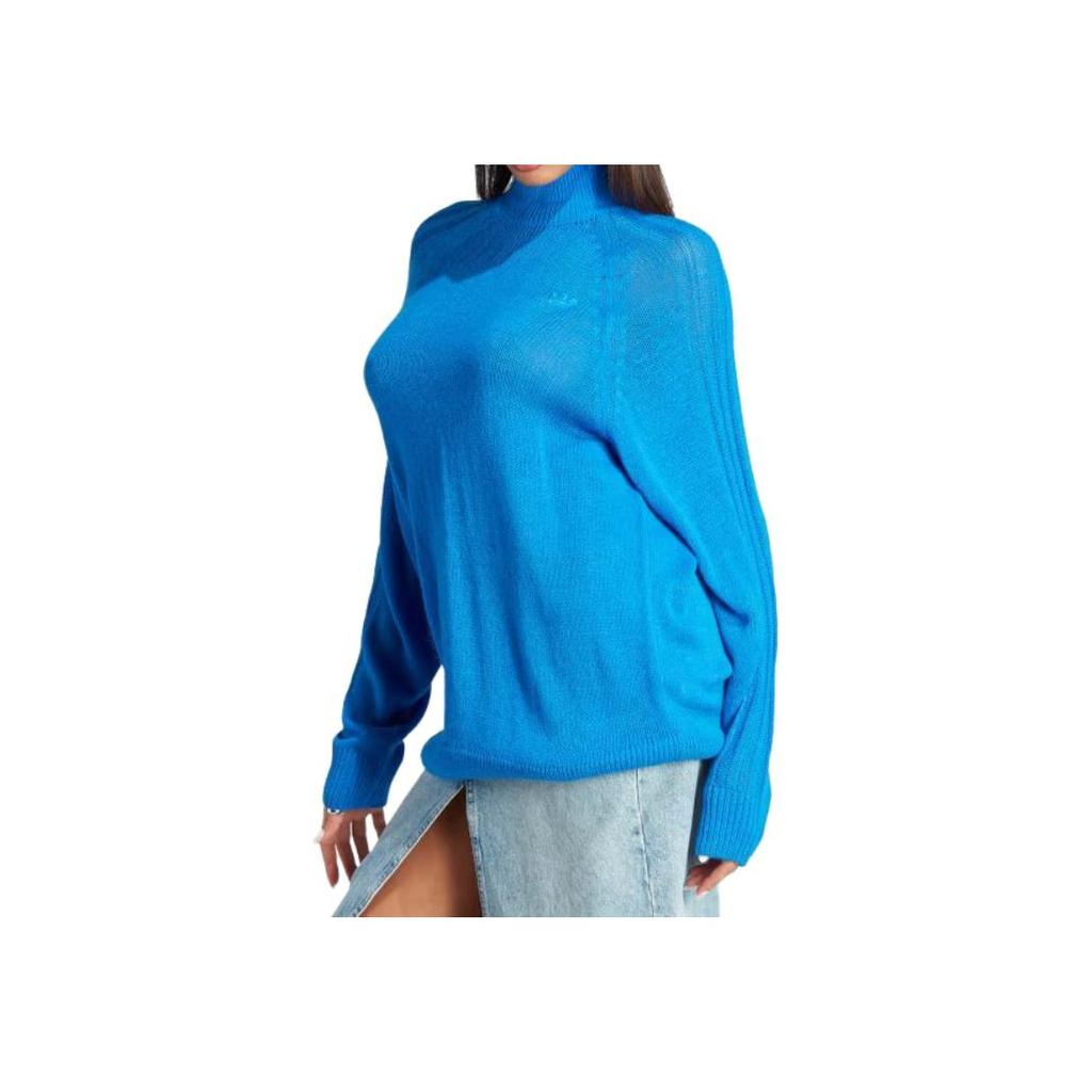 Adidas Blue Version Knit Sweater Solid Color Loose High Neck Pullover Long Sleeve Women sweater IL8535