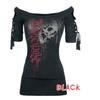 Stylish Women's Fashion Skull Printed Cool Black T-shirt Plus Size Slash Slit Tops