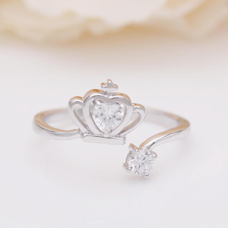 Korean Style Fresh Zircon Crown Heart Open Ring - S925 Sterling Silver